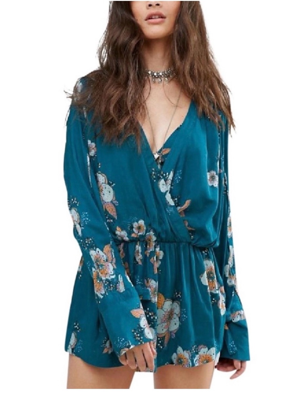 Free People Teal Floral Wrap Blouse Bell Sleeve Tie Cuff Peplum Mini Dress S